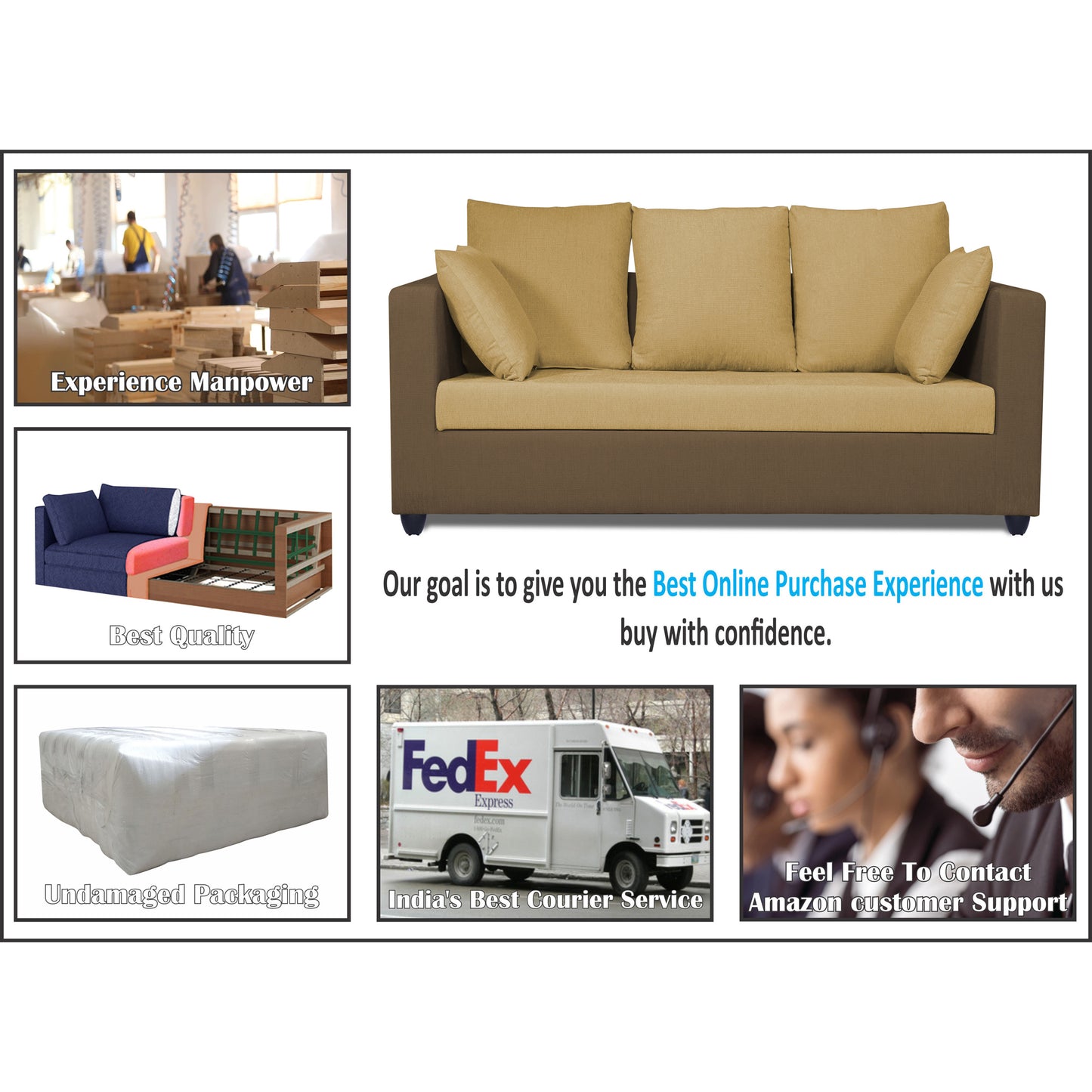 Adorn India Zink Straight Line 3-1-1 5 Seater Sofa Set (Brown & Beige)