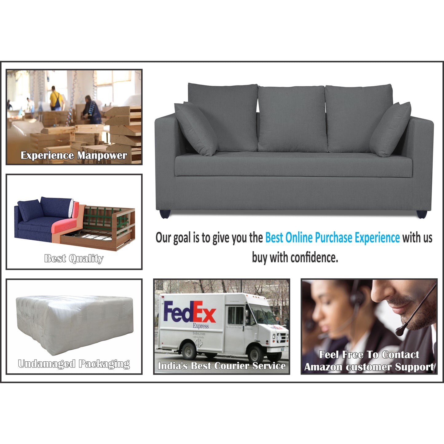 Adorn India Zink Straight Line 3-1-1 5 Seater Sofa Set (Grey)