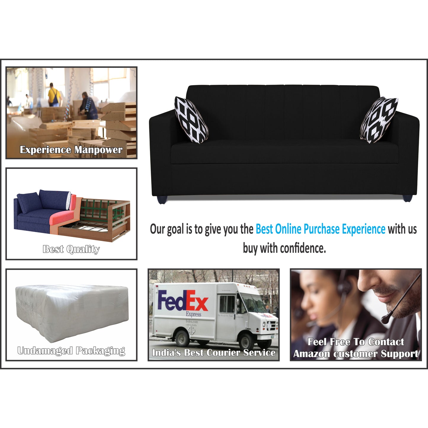 Adorn India Rio Highback 3 Seater Sofa (Black) (3 Year Warranty)
