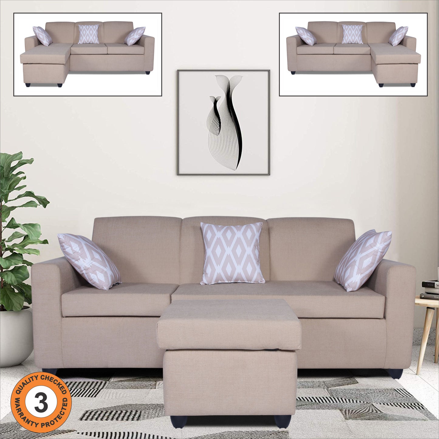 Adorn India Monteno L Shape 4 Seater Sofa Set (Beige) (3 Year Warranty)