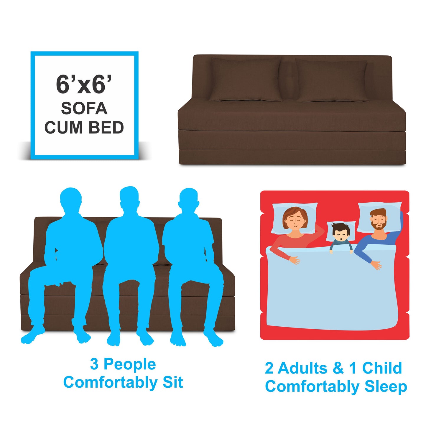 Adorn India Easy Highback Three Seater Sofa Cum Bed Decent 6' x 6' (Brown) (1 Year Warranty)