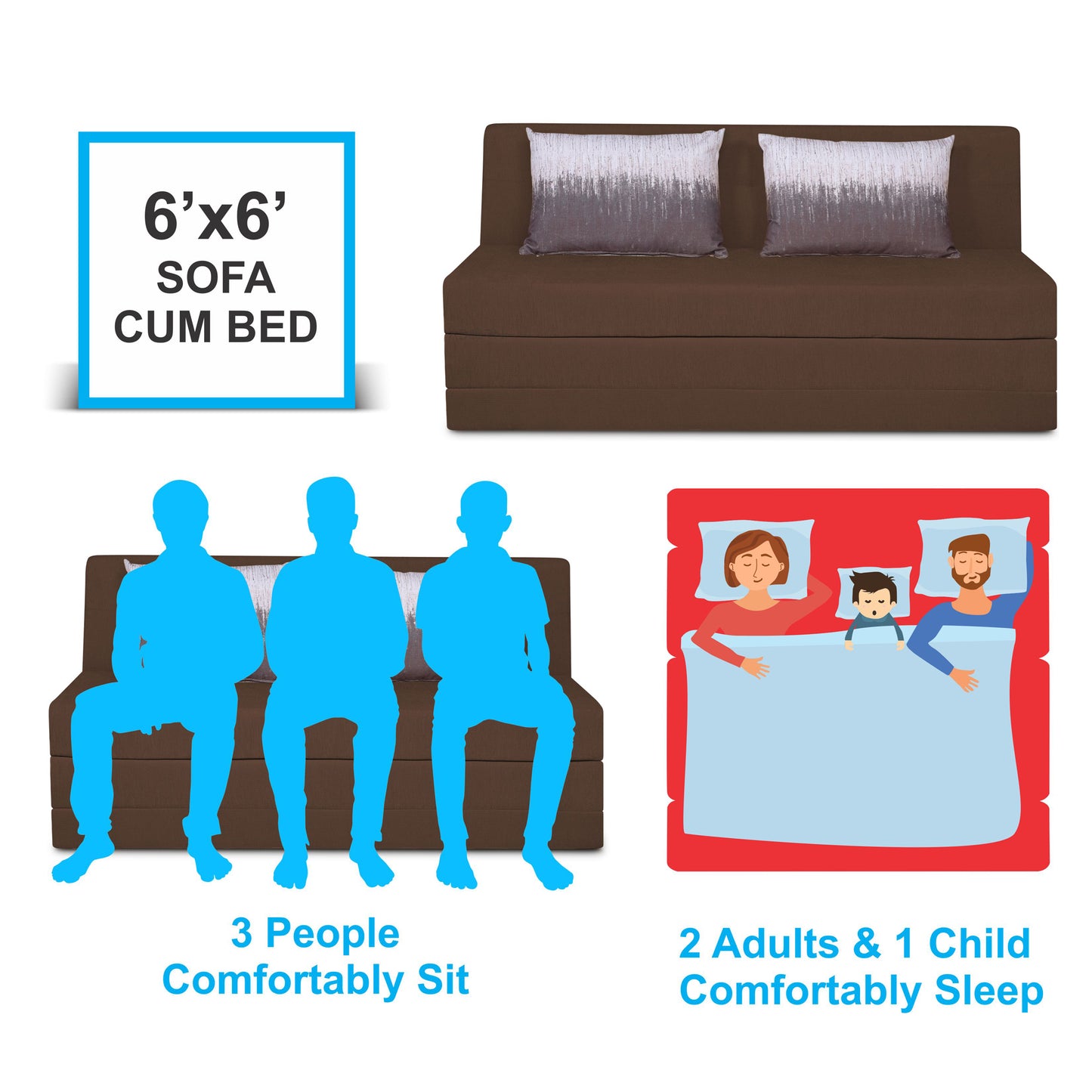 Adorn India Easy Highback Three Seater Sofa Cum Bed Wave 6' x 6' (Brown) (1 Year Warranty)