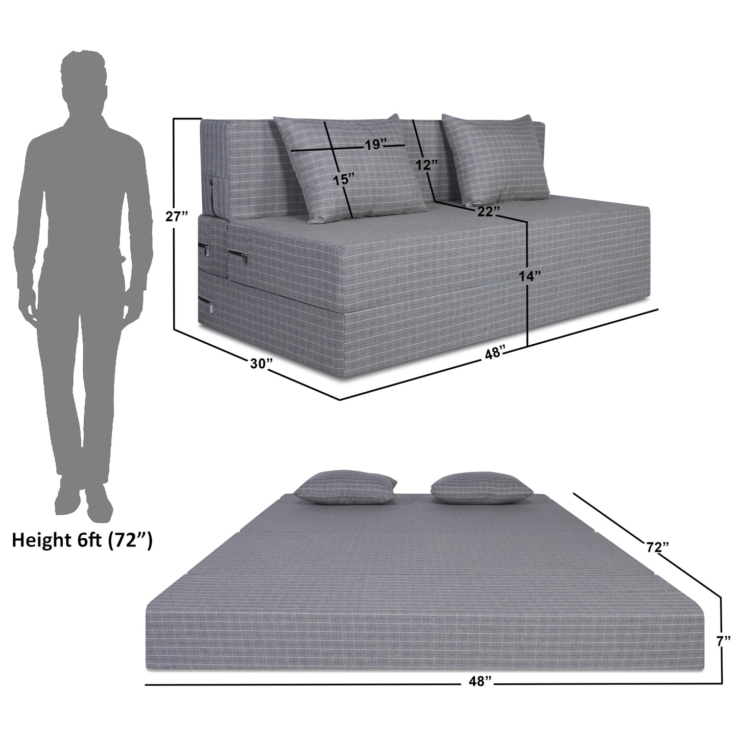 Adorn India Easy Two Seater Sofa Cum Bed Checks Design 4' x 6' (Beige)