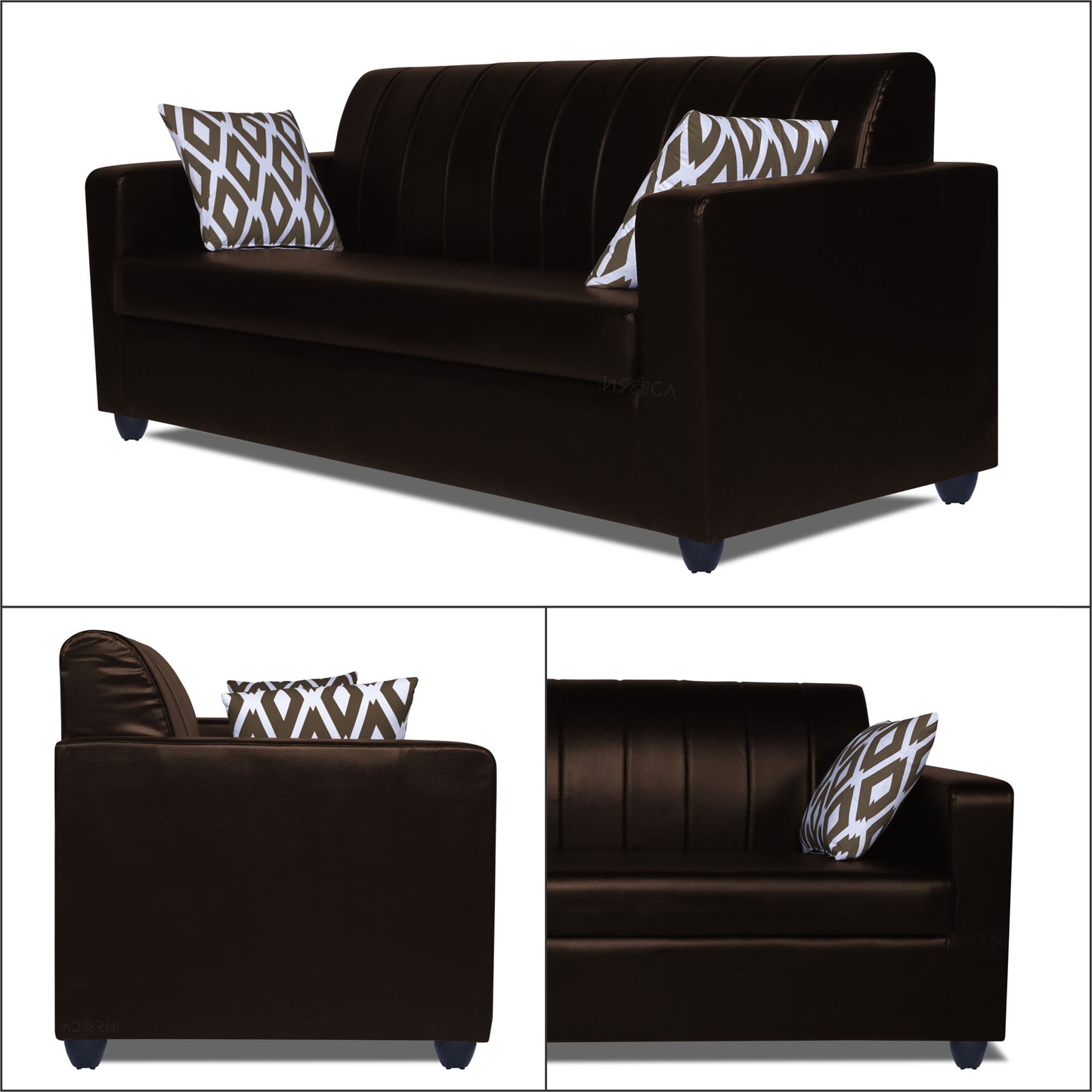 Adorn India Rio Highback Leatherette 3 Seater Sofa (Brown) (3 Year Warranty)