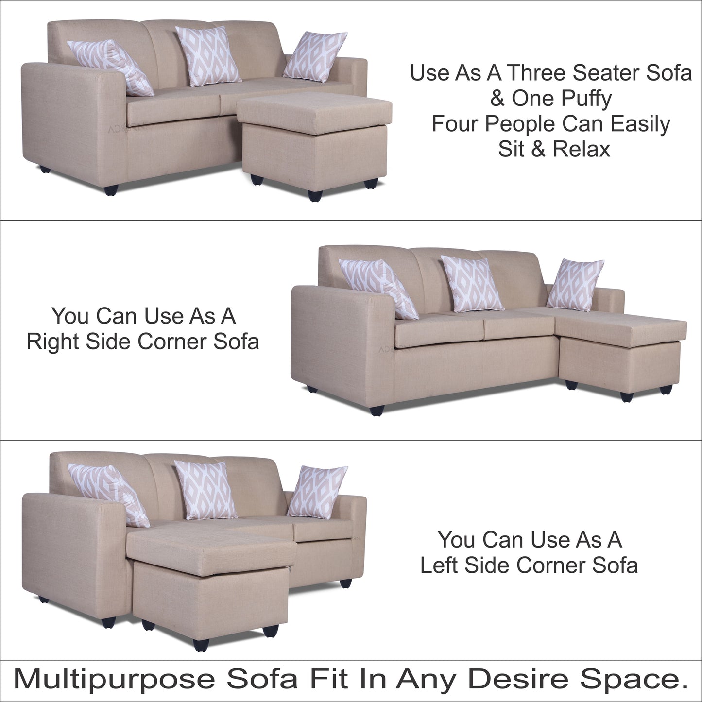 Adorn India Monteno L Shape 4 Seater Sofa Set (Beige) (3 Year Warranty)