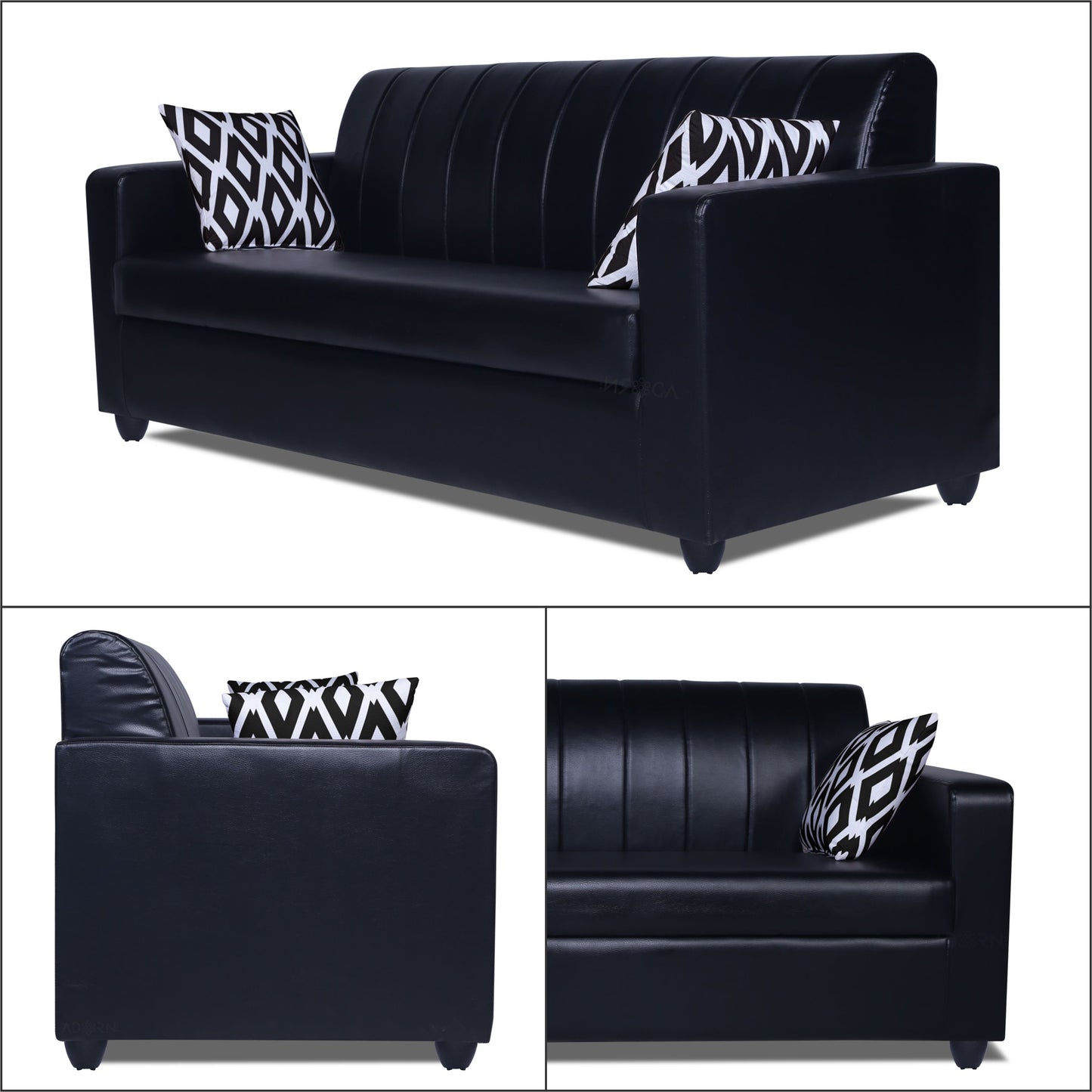 Adorn India Rio Highback Leatherette 3 Seater Sofa (Black) (3 Year Warranty)