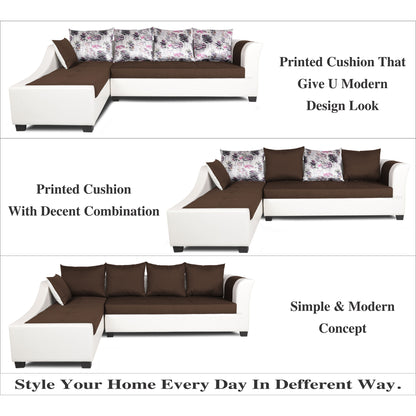 Adorn India Aliana L Shape Leatherette Fabric 6 Seater Sofa Set LHS (Brown & White) (3 Year Warranty)