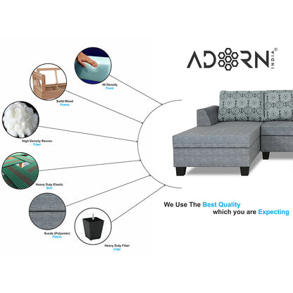 Adorn India Raiden Damask L Shape 6 Seater Sofa Set with Center Table (Left Hand Side) (Grey) (3 Year Warranty)