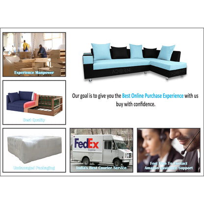 Adorn India Adillac 5 Seater Corner Sofa(Sky Blue & Black)