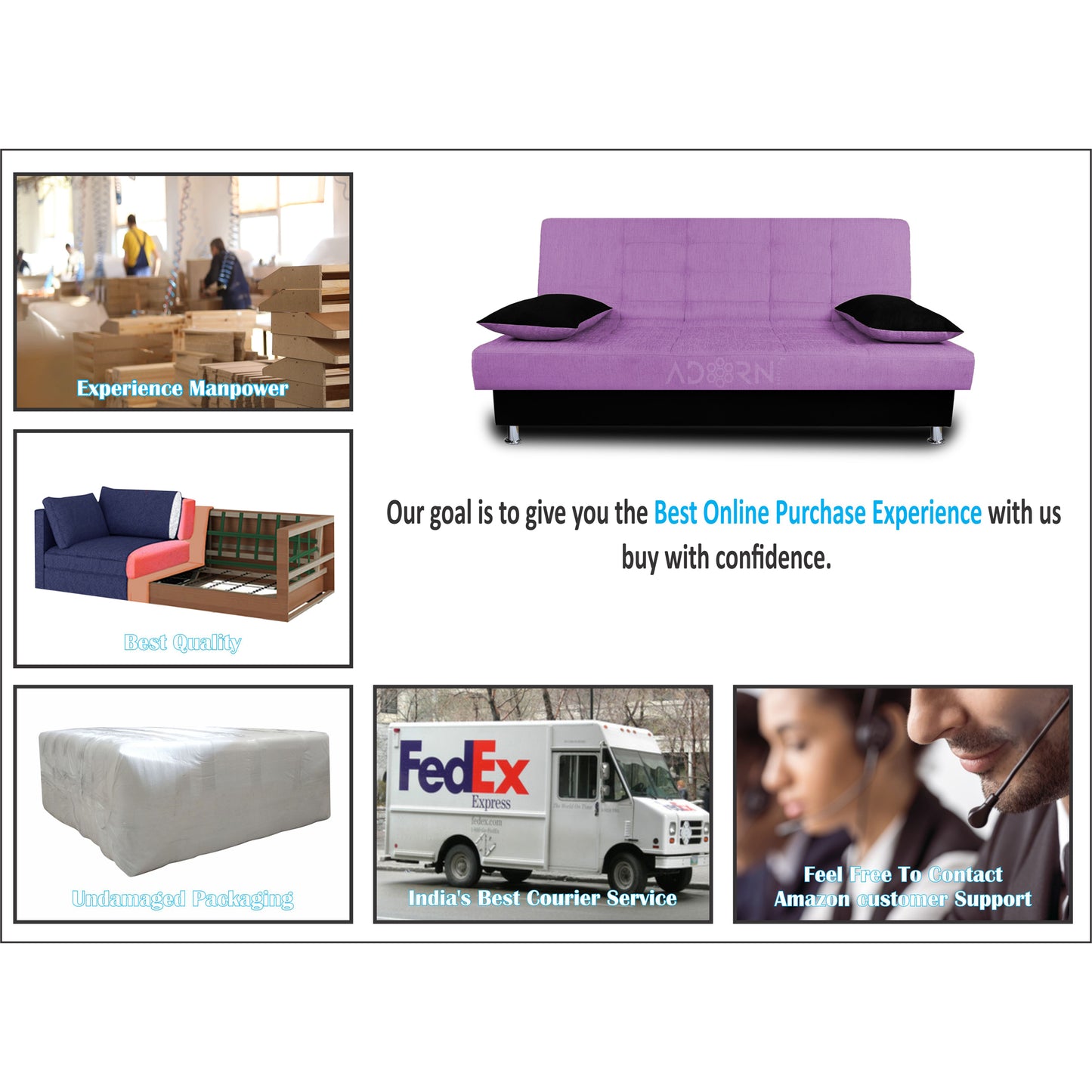 Adorn India Alyssum 3 Seater Sofa Cum Bed (Light Purple & Black)