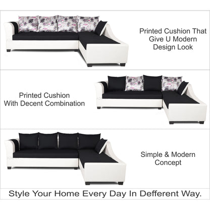 Adorn India Aliana L Shape Leatherette Fabric 6 Seater Sofa Set RHS (Black & White) (3 Year Warranty)