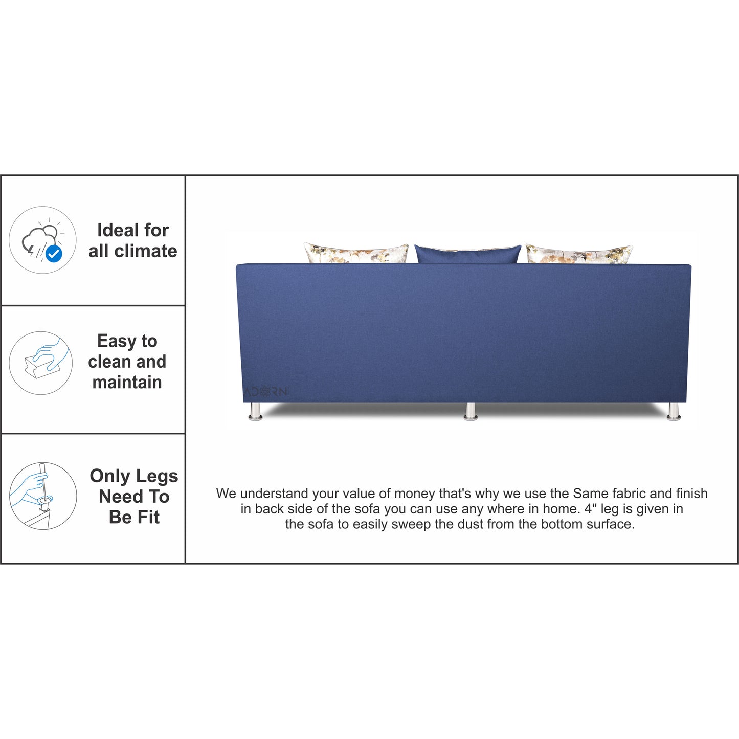 Adorn India Alica 3 Seater Sofa (Blue), Wood, Foam