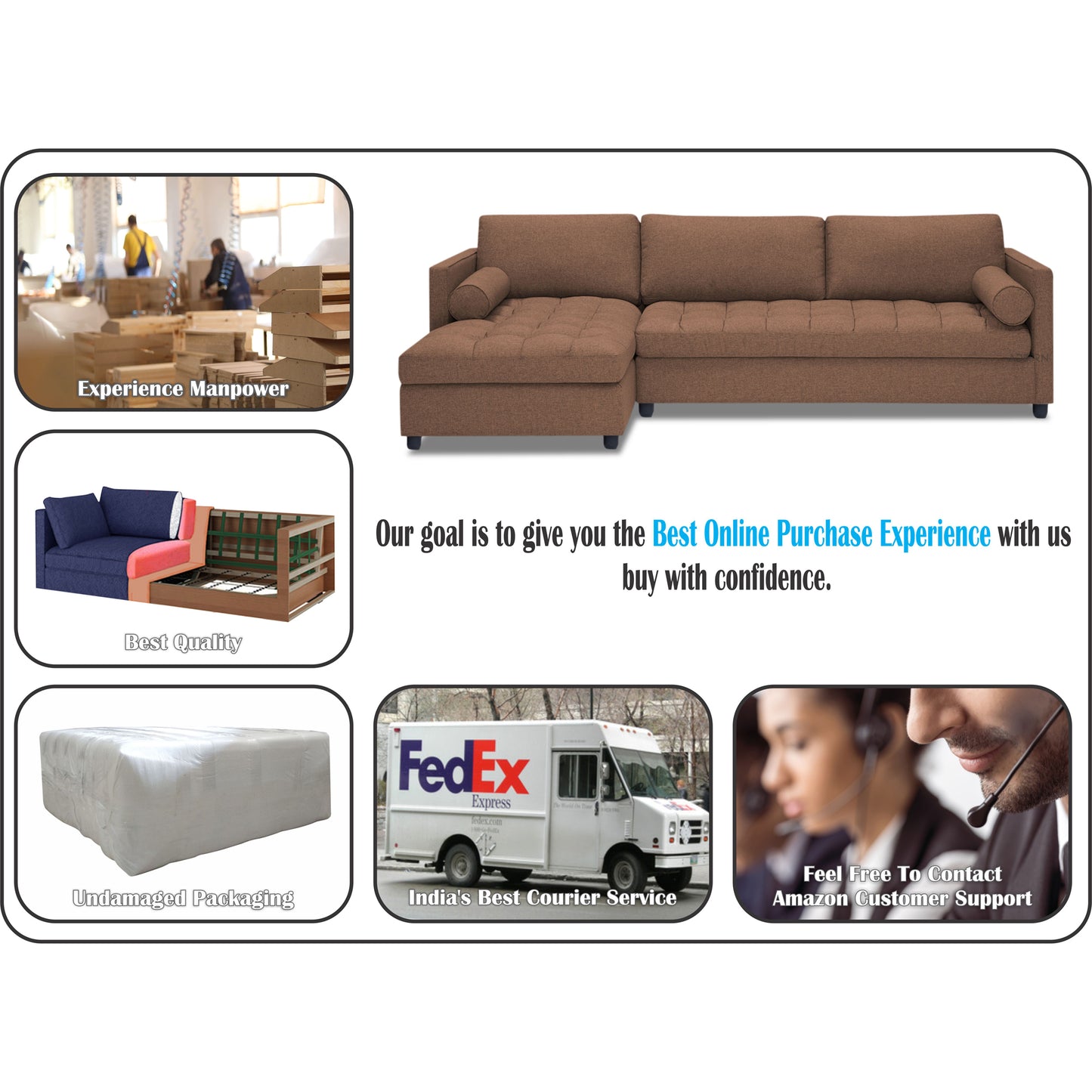 Adorn India Alexander L Shape 7 Seater Sofa Set with Ottoman Puffy LHS (Camel) (3 Year Warranty)