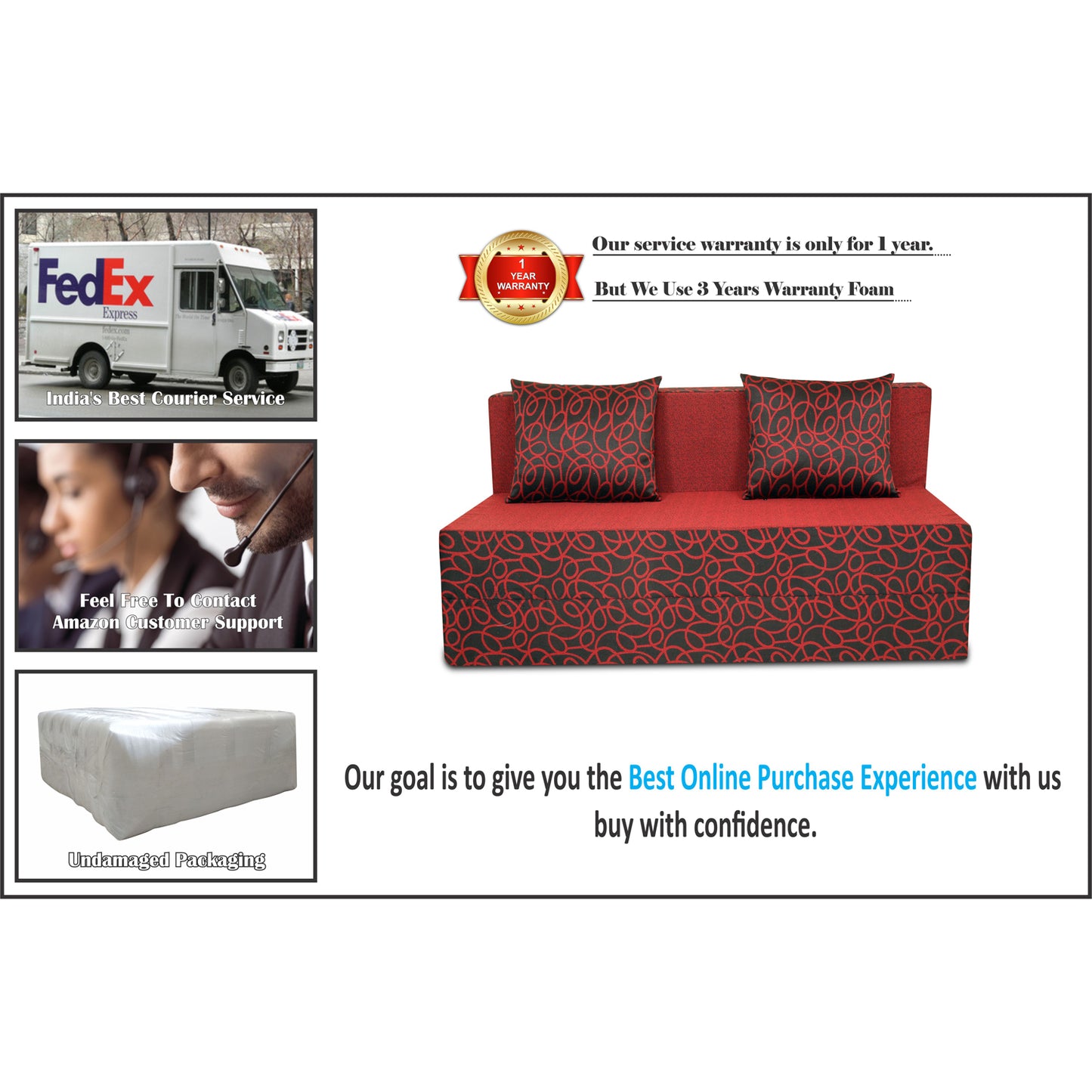 Adorn India Easy 2 Seater Sofa Cum Bed Poly Cotton (Maroon and Black) (4 x 6) (1 Year Warranty)