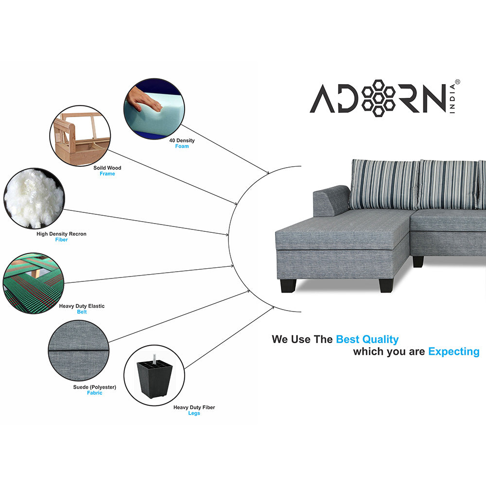 Adorn India Raiden Stripes L Shape 6 Seater Sofa Set with Center Table (Left Hand Side) (Grey) (3 Year Warranty)