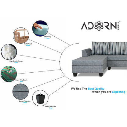 Adorn India Raiden Stripes L Shape 6 Seater Sofa Set with Center Table (Left Hand Side) (Grey) (3 Year Warranty)