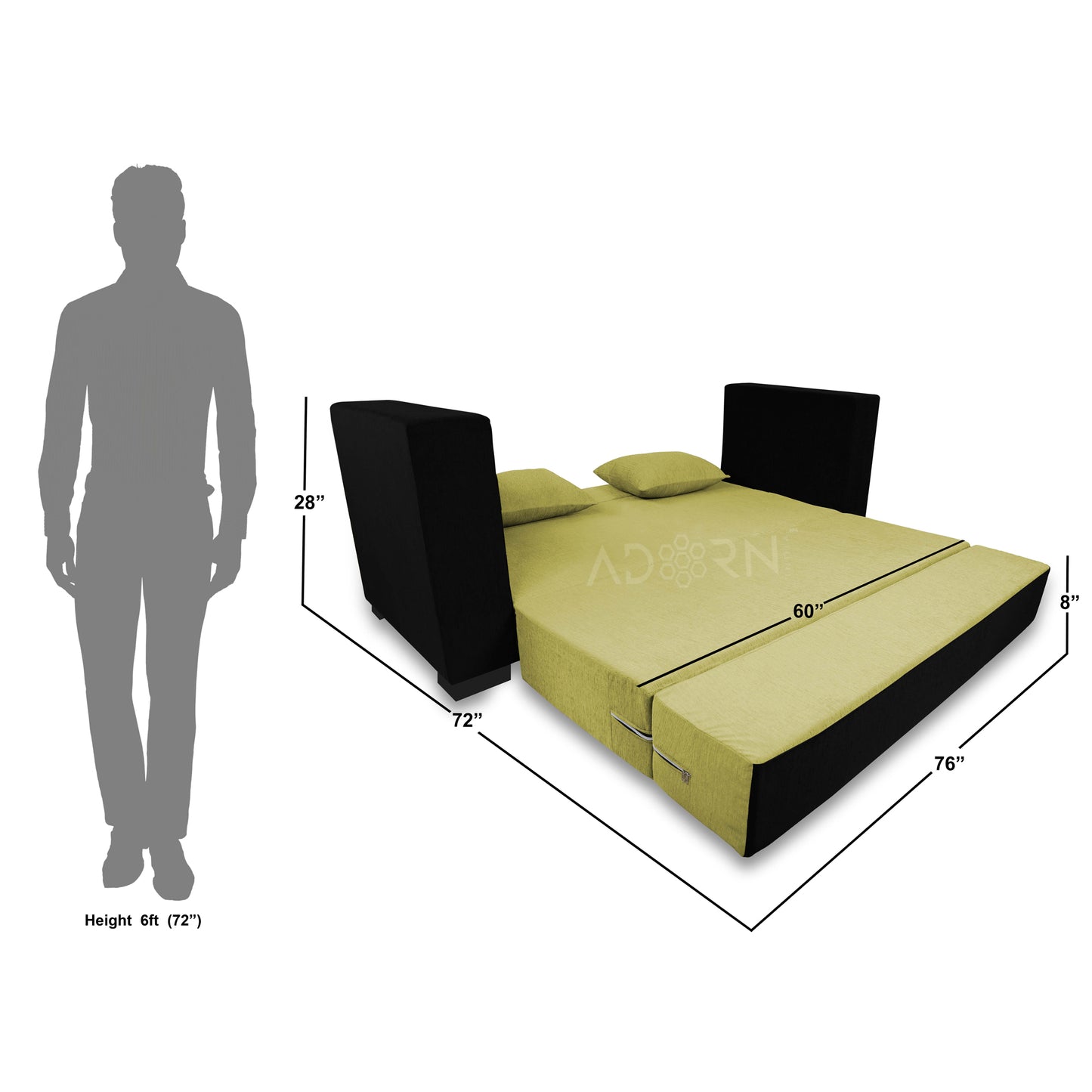 Adorn India Almond 3 Seater Sofa cumbed(Green & Black)