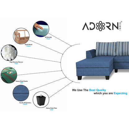 Adorn India Raiden Stripes L Shape 6 Seater Sofa Set with Center Table (Left Hand Side) (Blue) (3 Year Warranty)