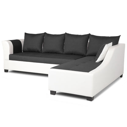 Adorn India Aliana L Shape Leatherette Fabric 6 Seater Sofa Set RHS (Dark Grey & White) (3 Year Warranty)