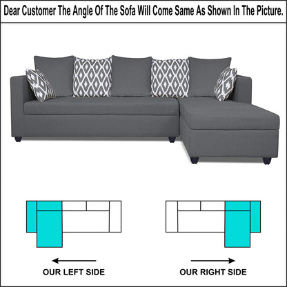 Adorn India Zink Straight Line L Shape 6 Seater Sofa Set Rhombus Cushion (Right Hand Side) (Grey)