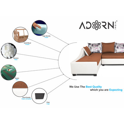 Adorn India Aliana L Shape Leatherette Fabric 6 Seater Sofa Set LHS (Rust & White) (3 Year Warranty)
