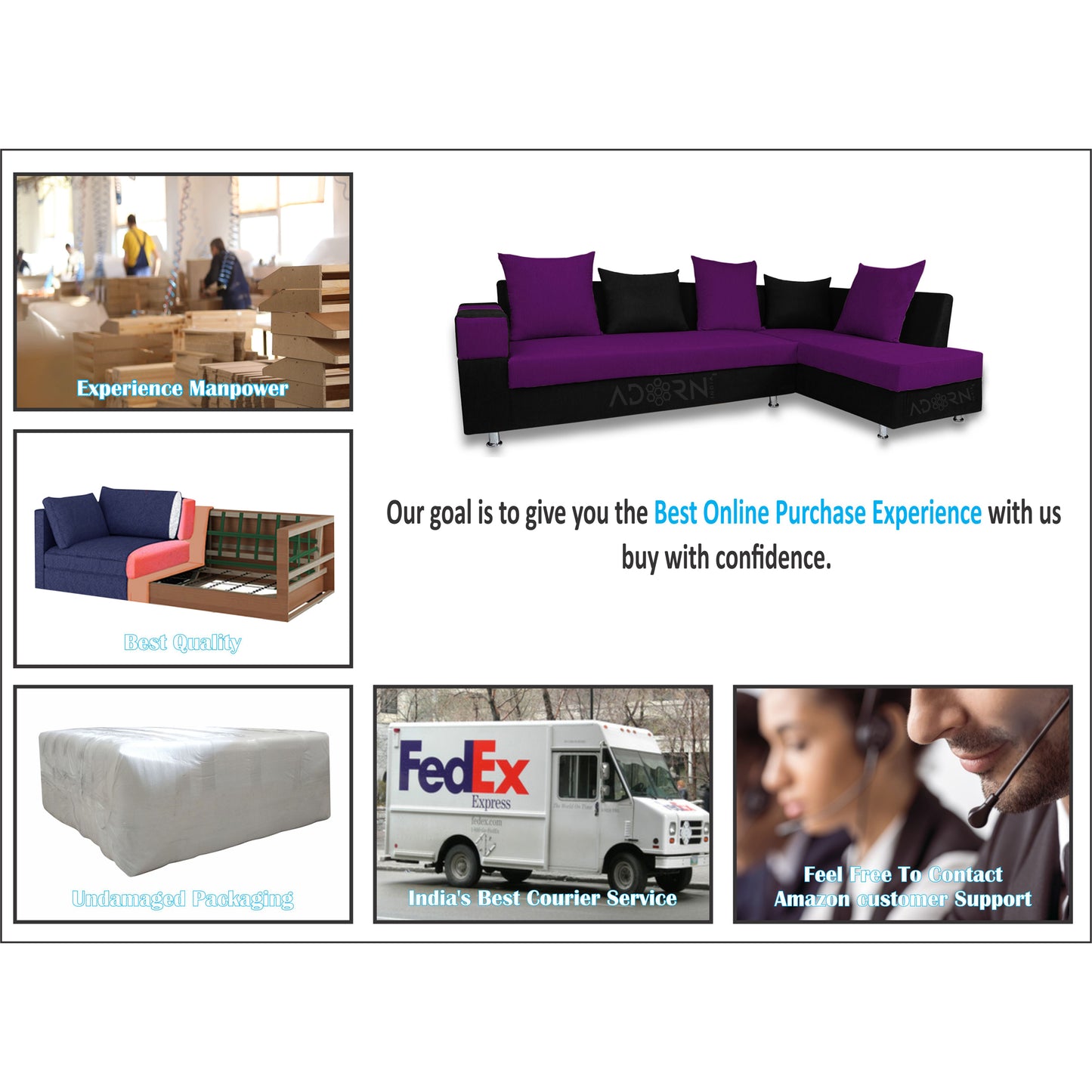 Adorn India Adillac 5 Seater Corner Sofa(Right Side)(Dark Purple & Black), Wood, Foam