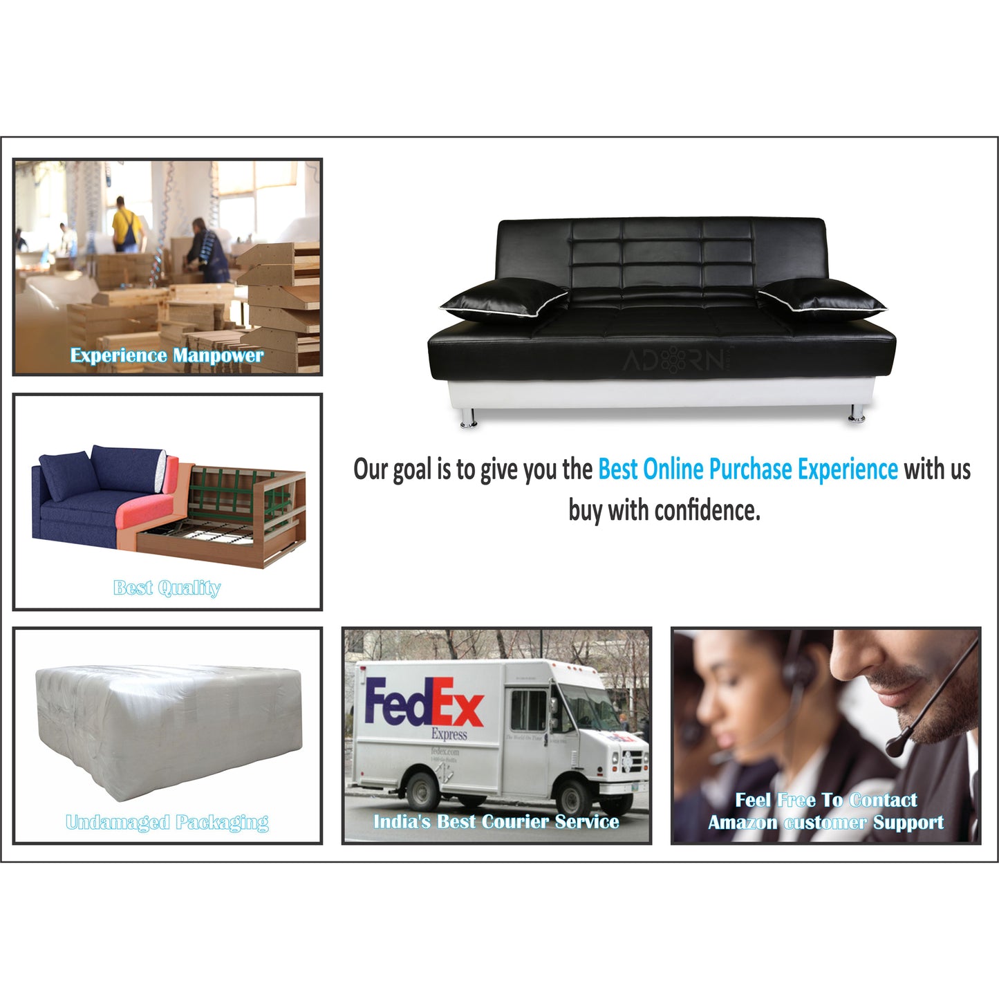 Adorn India Alexa 3 Seater Sofa cumbed (Black & White)