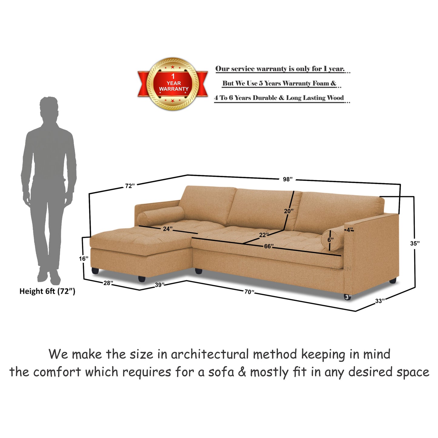 Adorn India Alexander L Shape 7 Seater Sofa Set with Ottoman Puffy LHS (Beige) (3 Year Warranty)