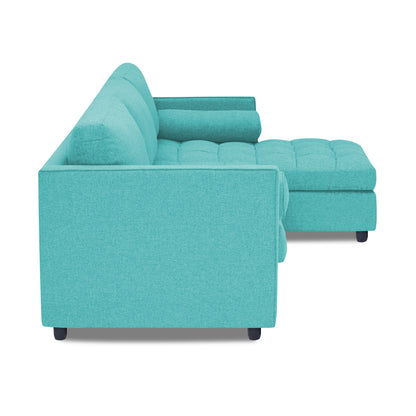 Adorn India Alexander L Shape 7 Seater Sofa Set with Ottoman Puffy RHS (Aqua Blue) (3 Year Warranty)