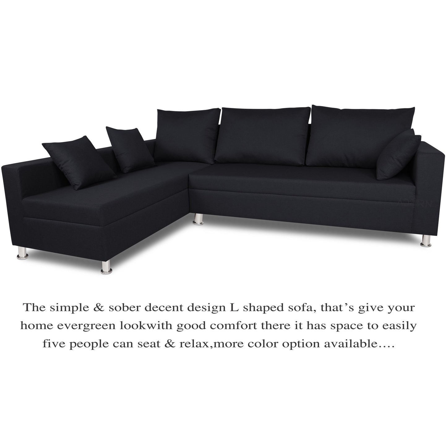 Adorn India Straight Line L Shape 5 Seater Sofa Set (Left Side Handle) (Black)