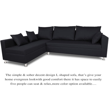 Adorn India Straight Line L Shape 5 Seater Sofa Set (Left Side Handle) (Black)