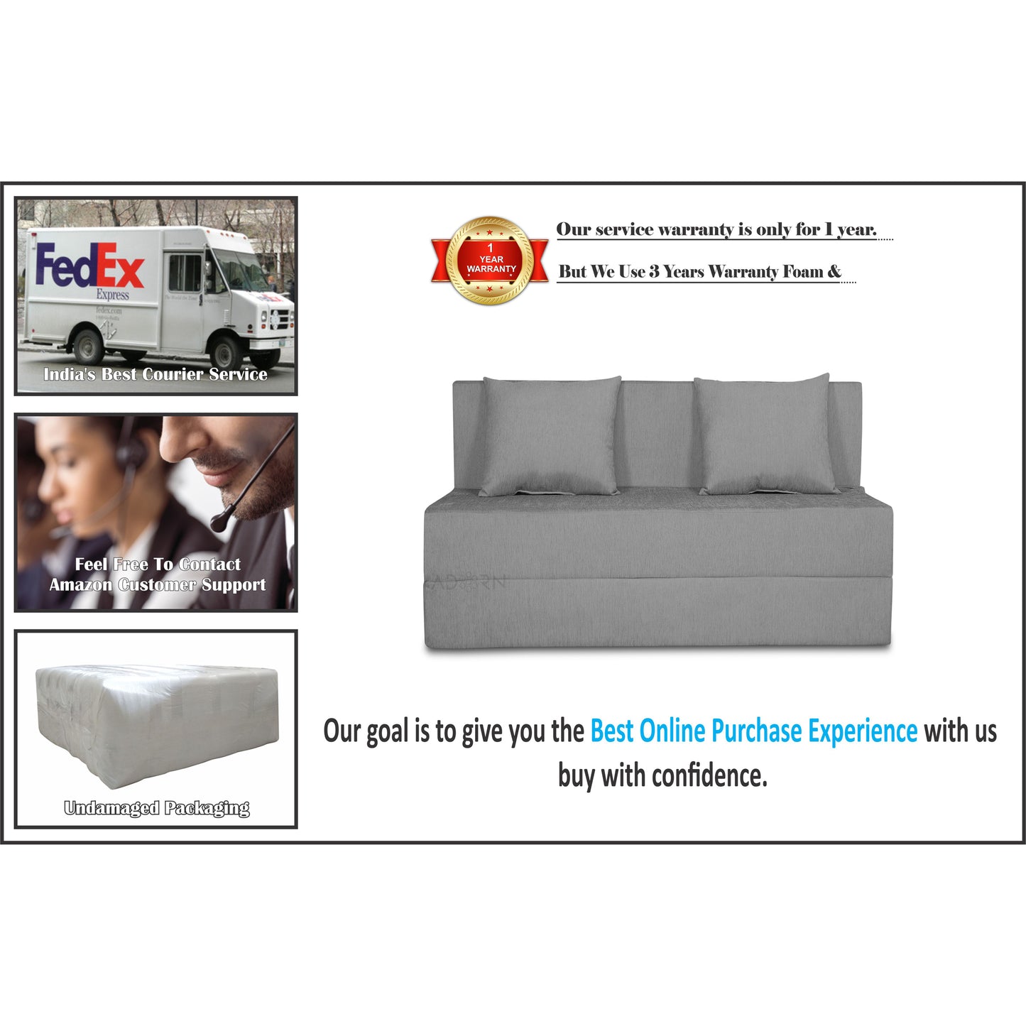 Adorn India Easy Two Seater Sofa Cum Bed Alyn 4'x 6' (Grey) (1 Year Warranty)