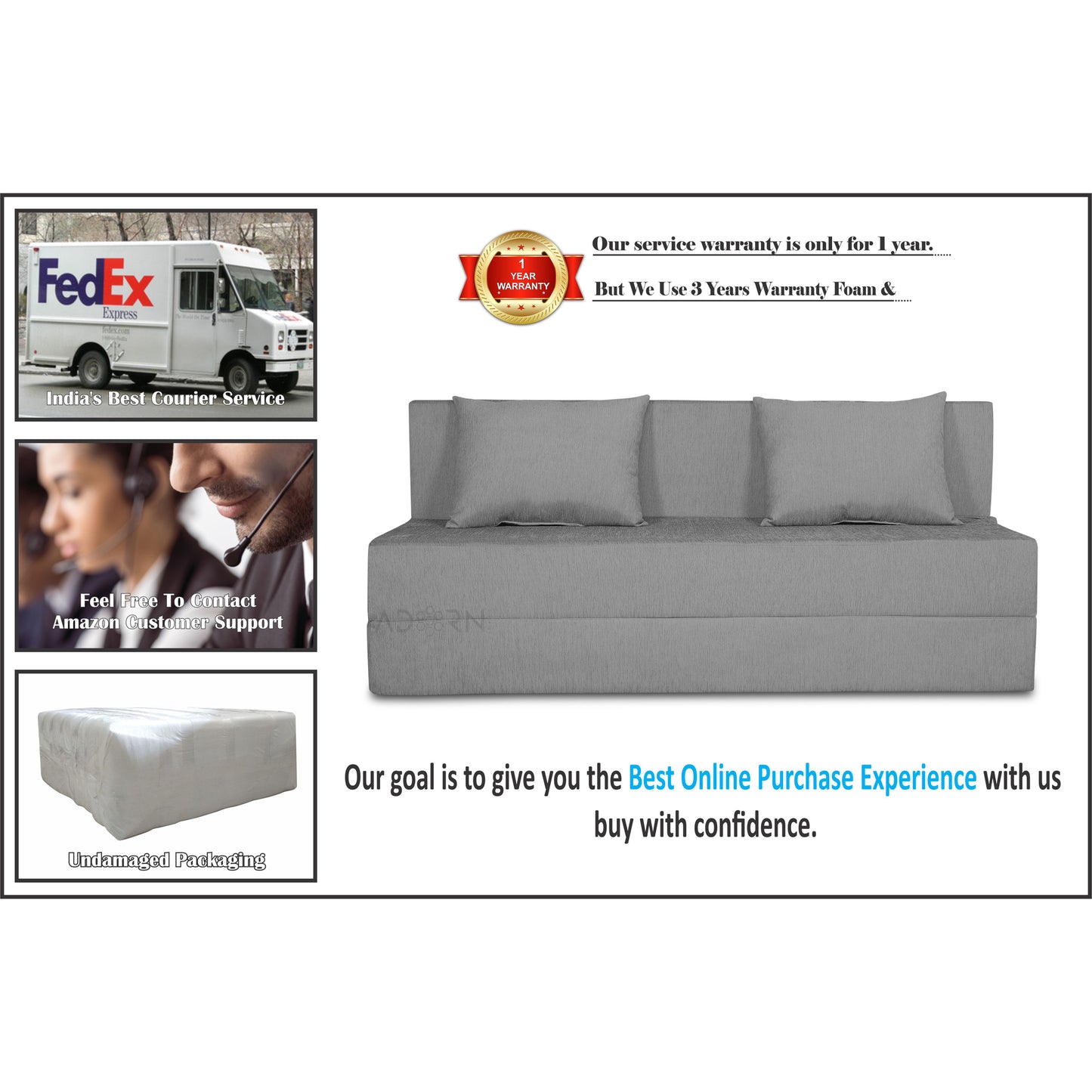 Adorn India Easy Three Seater Sofa Cum Bed Alyn 5'x 6' (Grey) (1 Year Warranty)