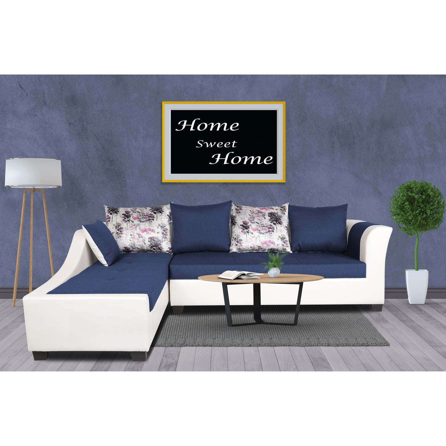 Adorn India Aliana L Shape Leatherette Fabric 6 Seater Sofa Set LHS (Blue & White) (3 Year Warranty)