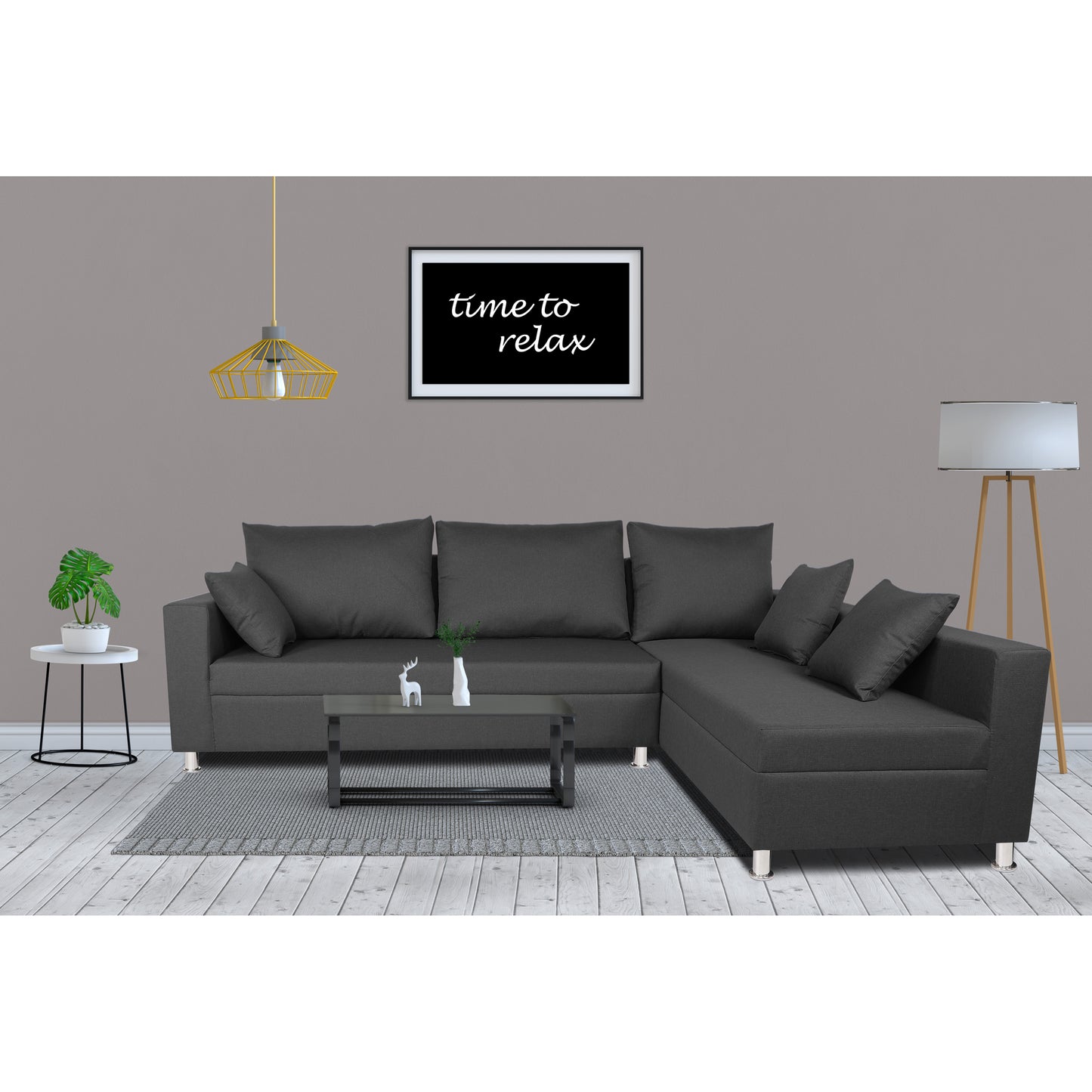 Adorn India Sal Straight line L Shape Sofa (Dark Grey)