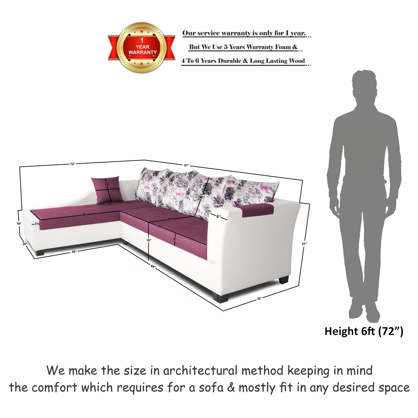Adorn India Aliana L Shape Leatherette Fabric 6 Seater Sofa Set LHS (Dark Purple & White) (3 Year Warranty)