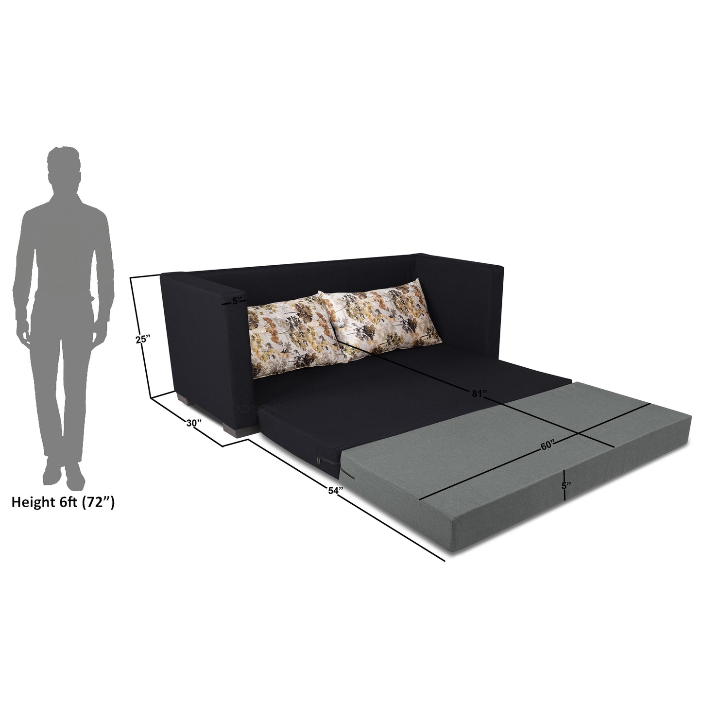 Adorn India Exclusive Two Tone Straight Line Three Seater Sofa Cum Bed (Black & Grey)