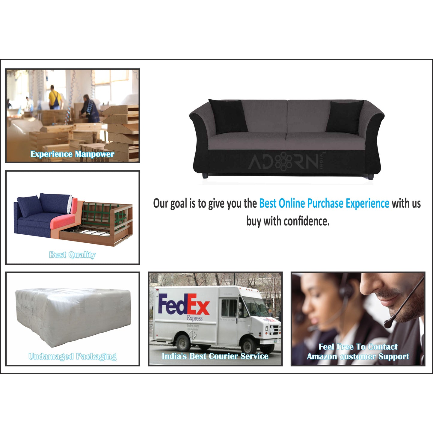 Adorn India Acura 3 Seater Sofa (Grey & Black)