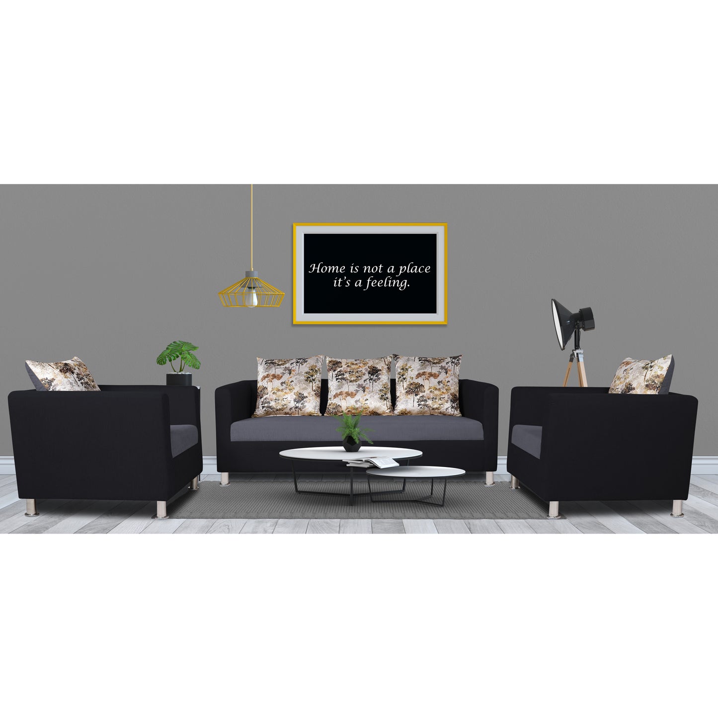 Adorn India Exclusive Two Tone Alita Compact 3-1-1 Sofa Set (Dark Grey & Black), Wood, Foam
