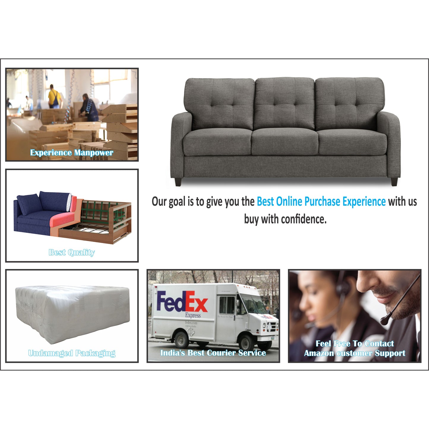 Adorn India Astor 3+2 5 Seater Sofa Set (Grey) (3 Year Warranty)