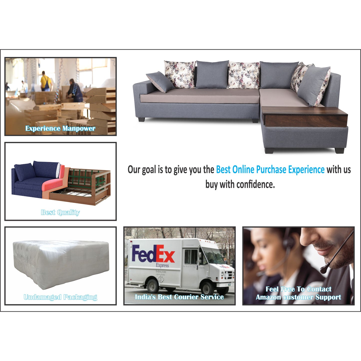 Adorn India Orlando Fabric L Shape Sofa (Dark Grey & Light Gery)