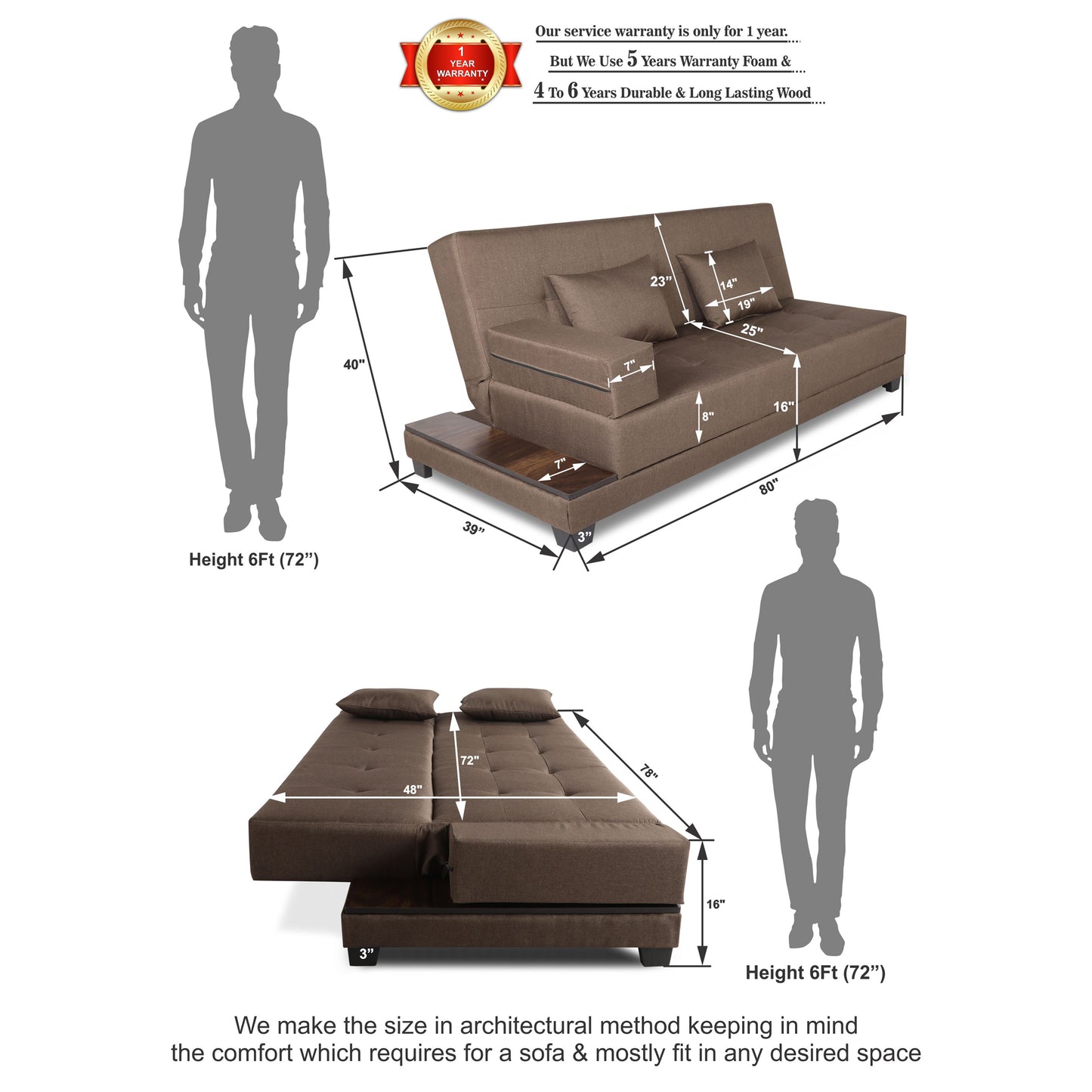 Adorn India Blake 3 Seater Sofa Cum Bed (Camel)