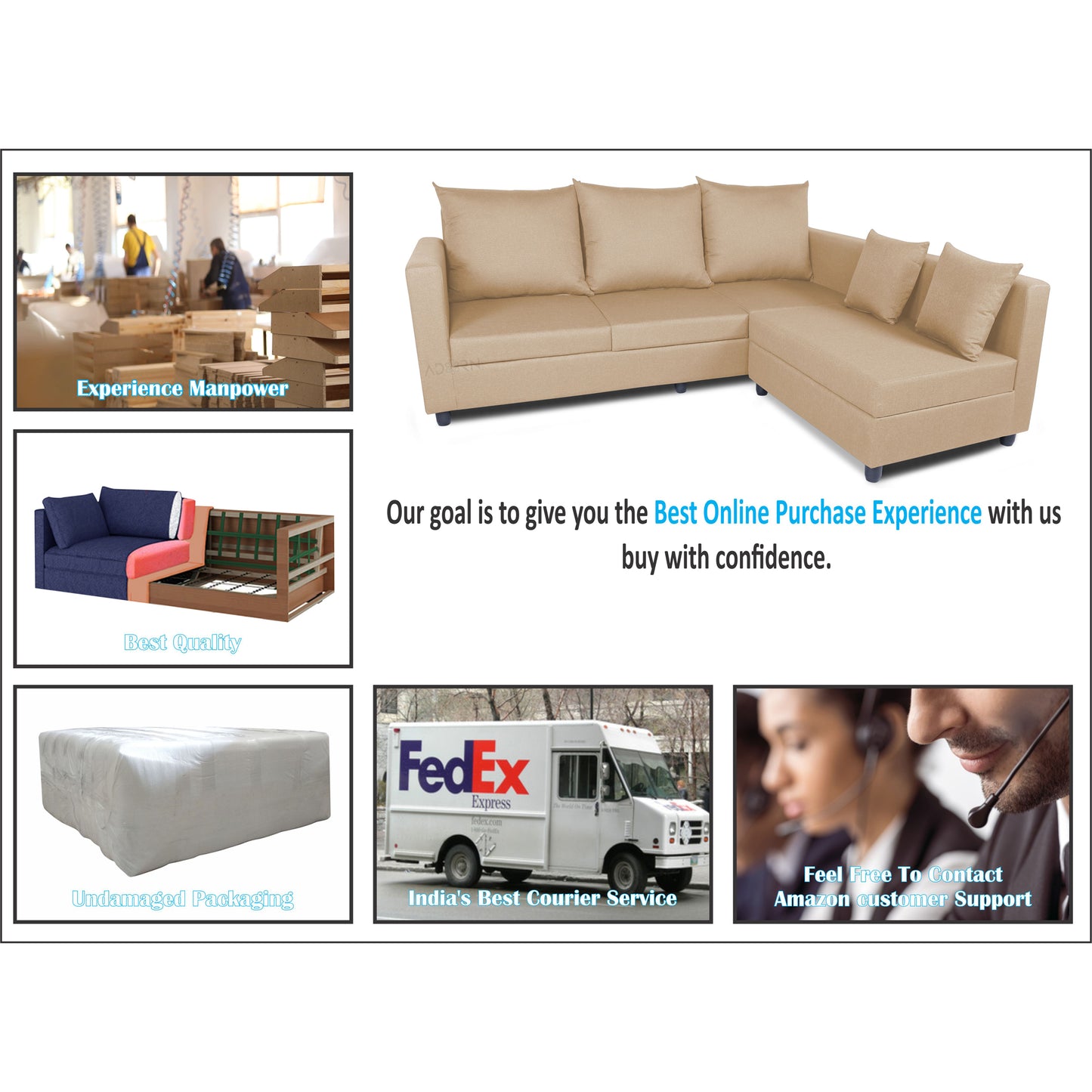 Adorn India New Straight Line Modular 5 Seater Sofa Set (Beige) - Wood
