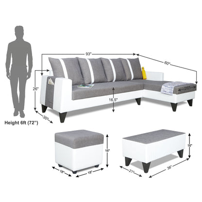Adorn India Ashley Stripes Leatherette Fabric L Shape 8 Seater Sofa Set with 2 Ottoman Puffy & Center Table RHS (Grey & White) (3 Year Warranty)
