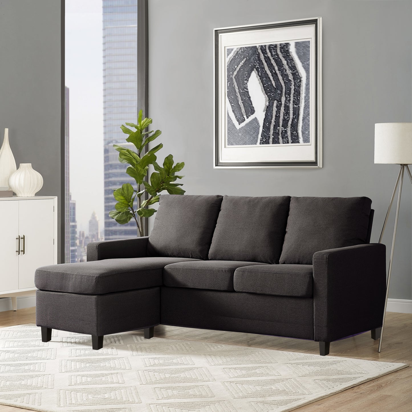 Adorn India Daffodil Three Seater Modular Sofa (Grey), Wood, Foam