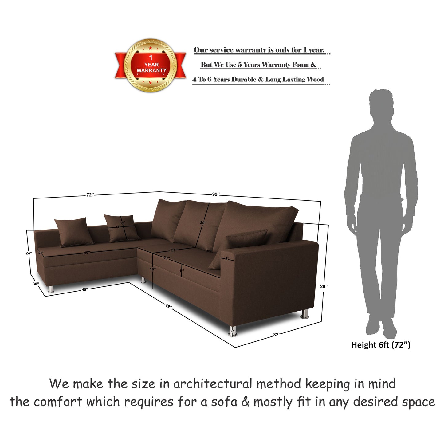 Adorn India Straight Line L Shape 5 Seater Sofa Set Left Side Handle(Brown)