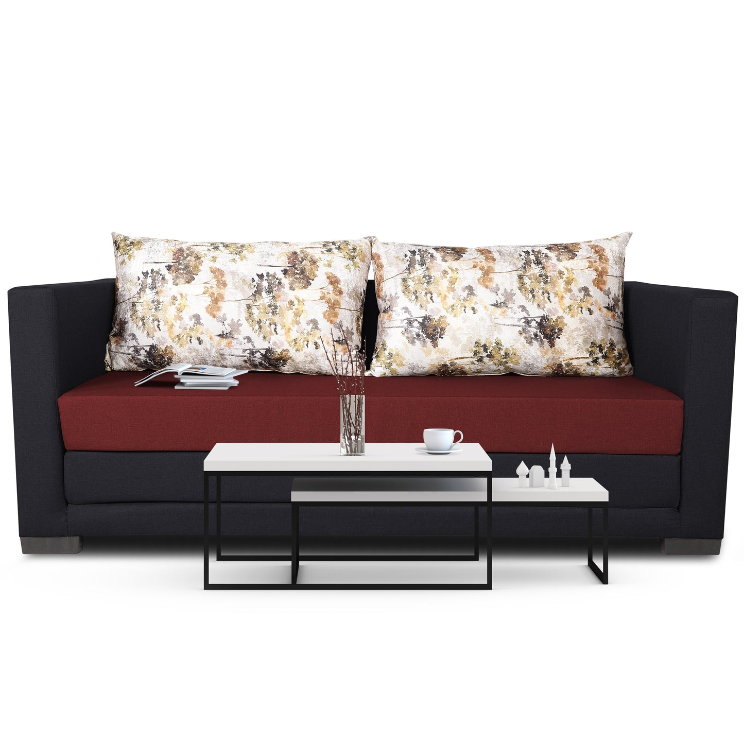 Adorn India Exclusive Two Tone Straight Line Three Seater Sofa Cum Bed (Maroon & Black), Wood, Foam