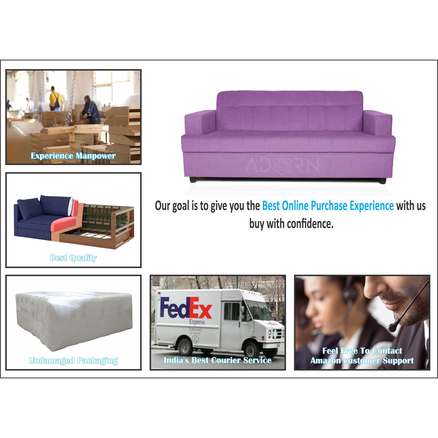 Adorn India Aleena 3 Seater Sofa(Light Purple)