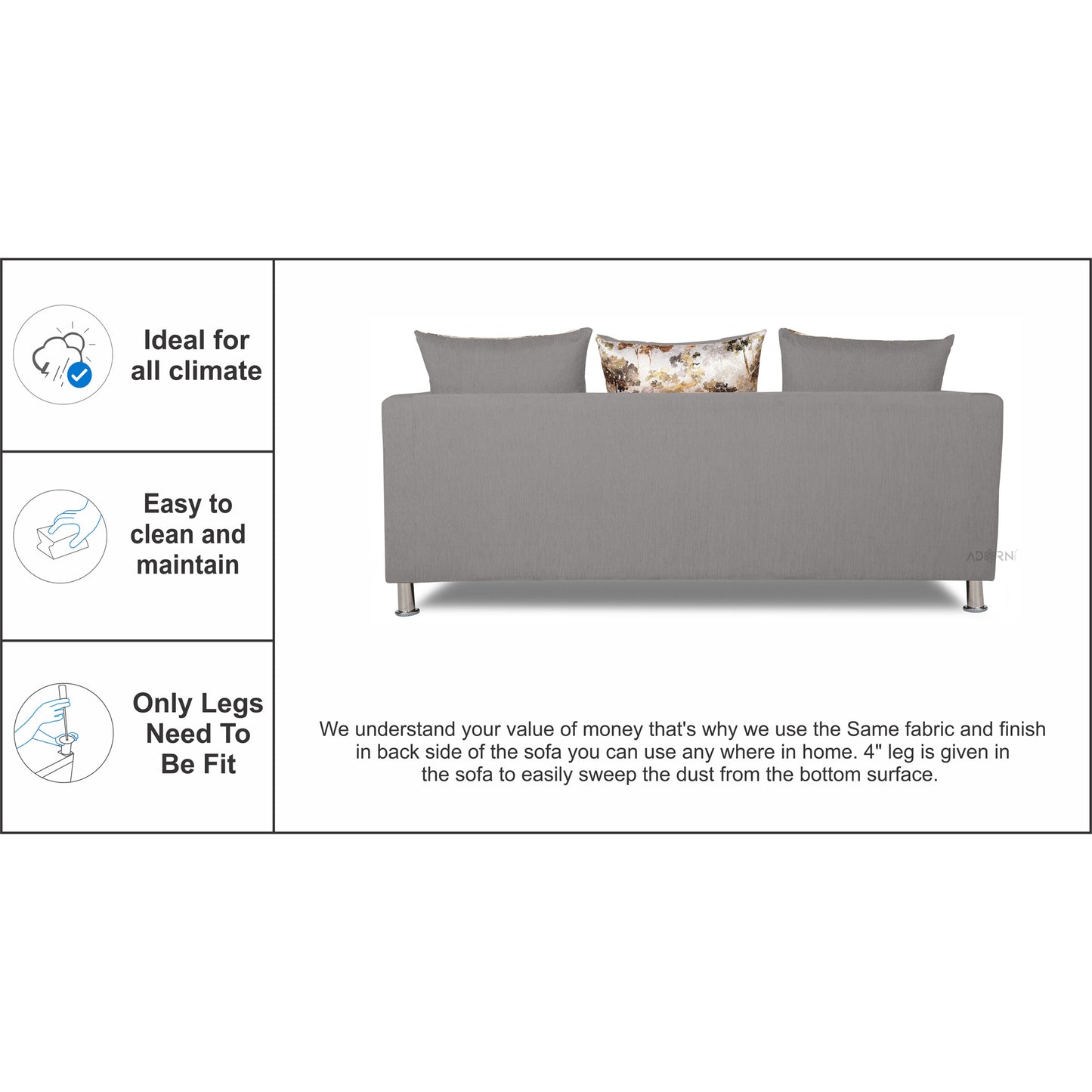 Adorn India Alita 3 Seater Compact Sofa (Light Grey)
