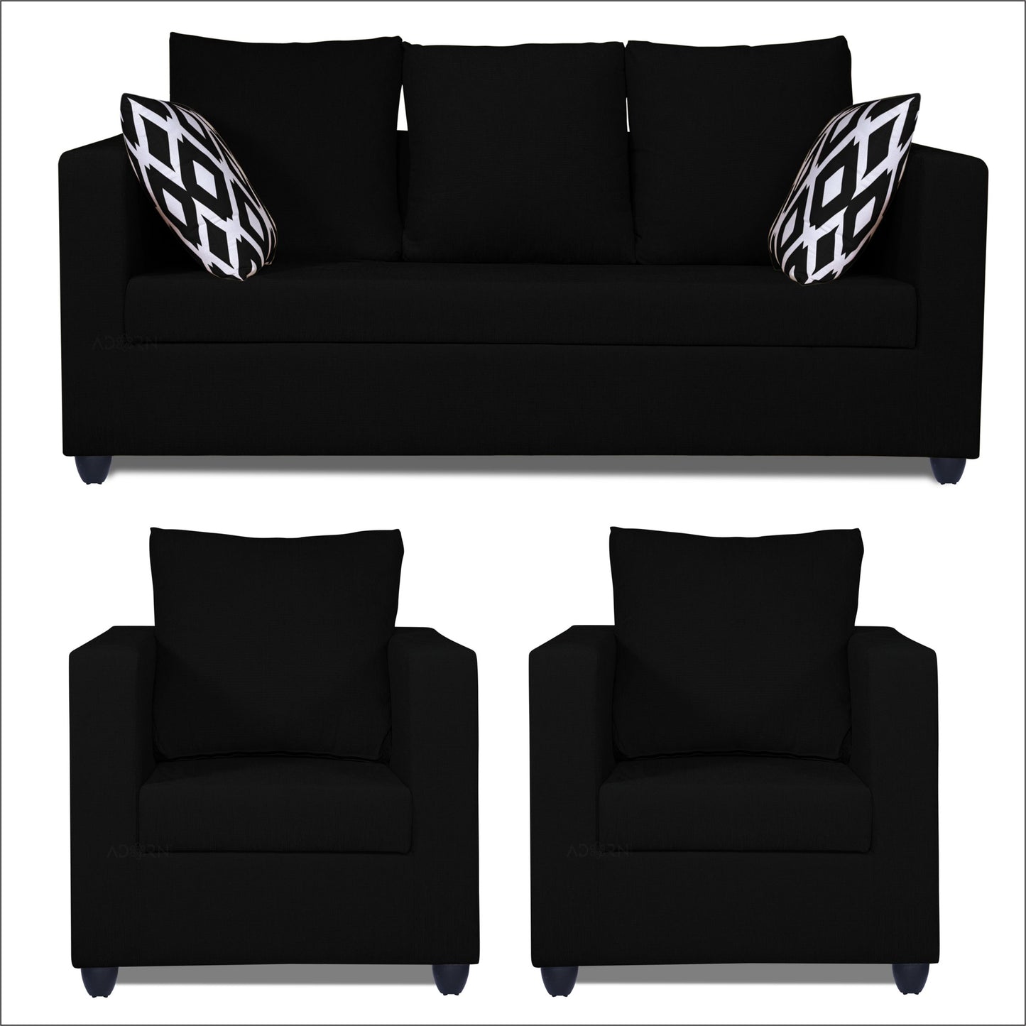 Adorn India Zink Straight Line 3-1-1 5 Seater Sofa Set (Wood & Fabric, Black)
